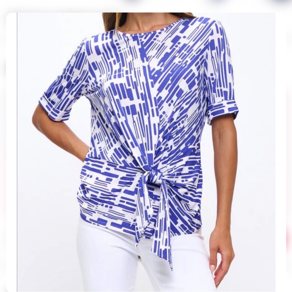 PERSEPTION CONCEPT Abstract Blue & White BlouseL, W/Tie Front Detail Round Neck